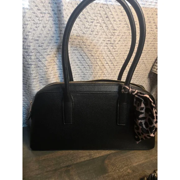 Women's Anne Klein Black Satchel Bag One Size Gold Hardware Leopard Scarf - Picture 3 of 8